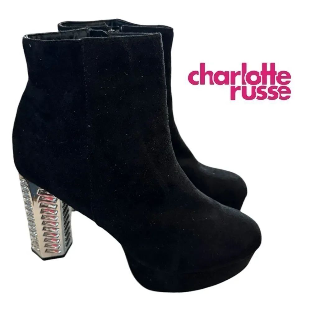 Charlotte Russe Women's Black Suede Platform Silver Jewel Heels Ankle Booties 10
